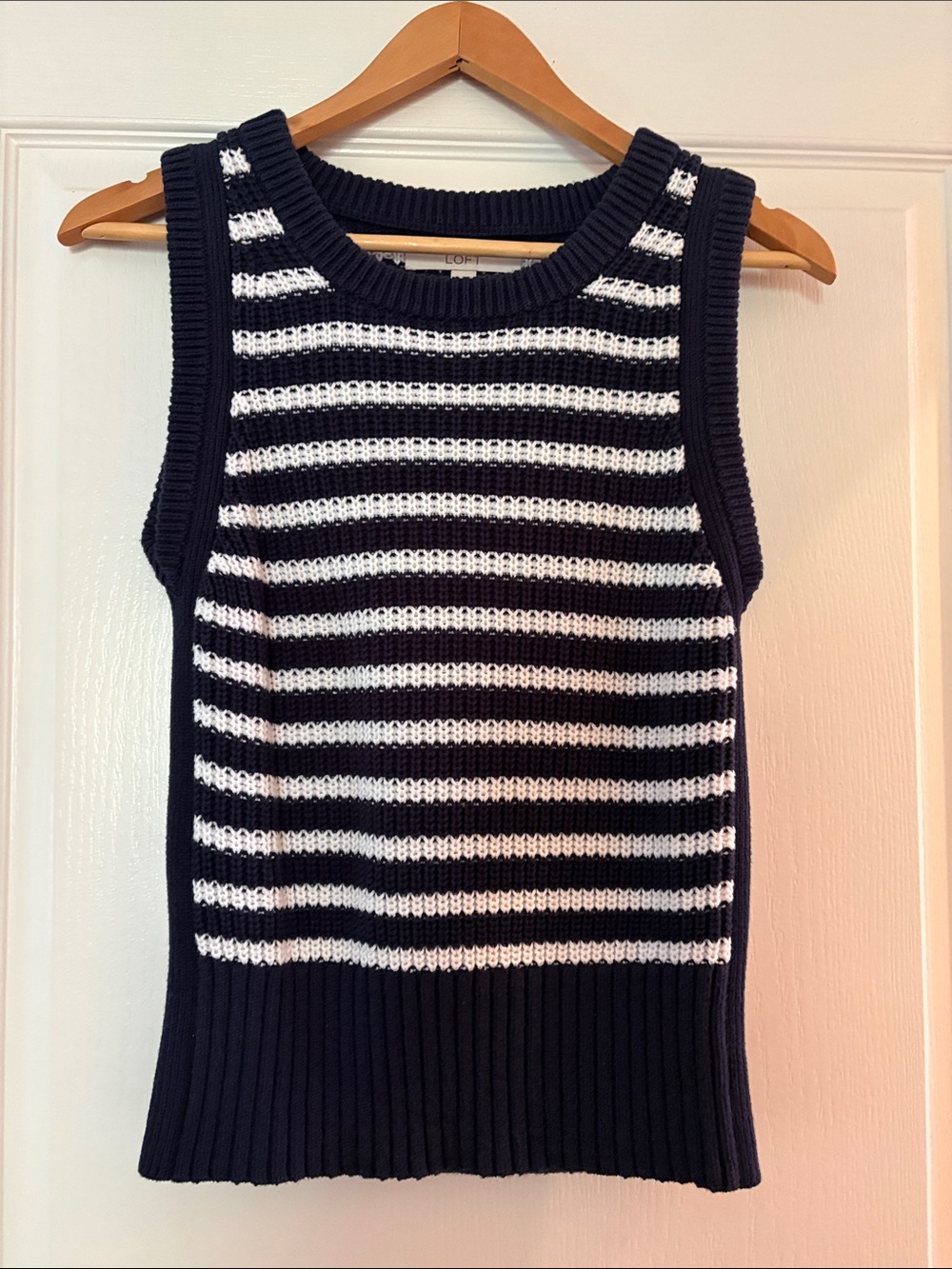 LOFT Navy & White Striped Knit Sleeveless Sweater / Vest
